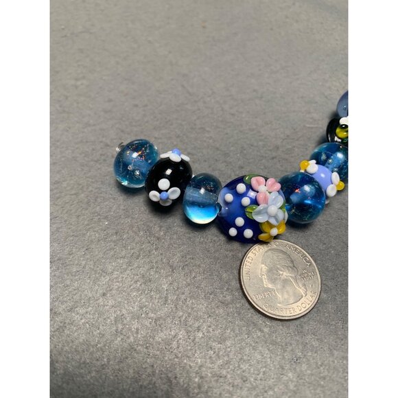 Handmade Floral Lampwork Glass Beads Blue & Black 9 Pieces - Picture 2 of 5